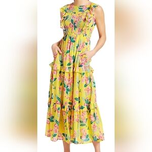 Banjanan Floral Ruffle Maxi Dress Aurora Yellow Small Orig $300 Easter Party Tea